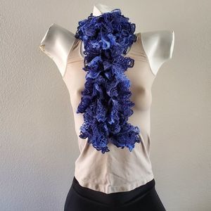 Hand Crafted crochet medium and dark blue ruffle scarf.
